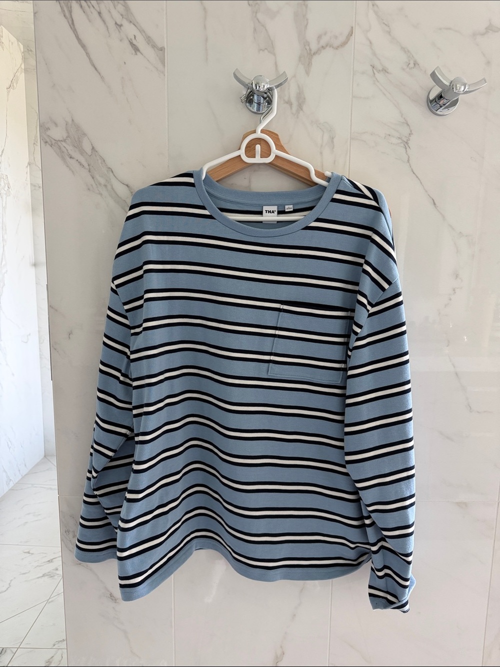 TNA Light Blue Black and White Striped Long Sleeve Pocket Tee